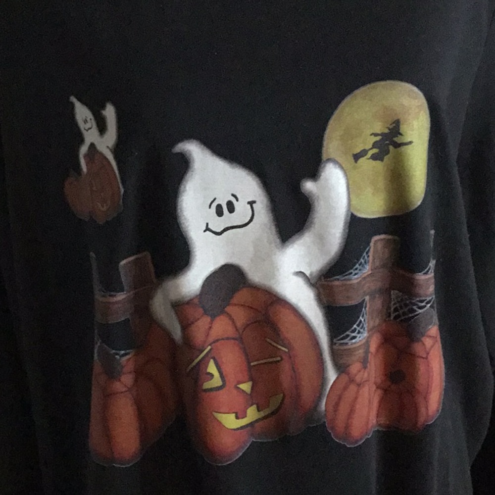 Black Halloween Tee /Adorable Pumpkins/witch flying across moon size 3X